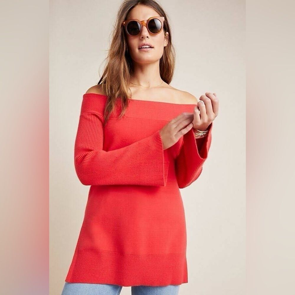 Anthropologie Red Elise Ribbed Tunic Off Shoulder Bell Sleeve Sweater Size XL